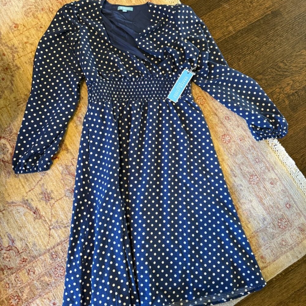 Draper James RSVP Polka‎ Dot Crepe A-line Dress Cinched Waist Blue Size Medium
